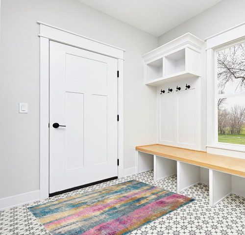 HomeRoots 4' X 6' Pink and Blue Abstract Power Loom Area Rug in White Modern Entryway