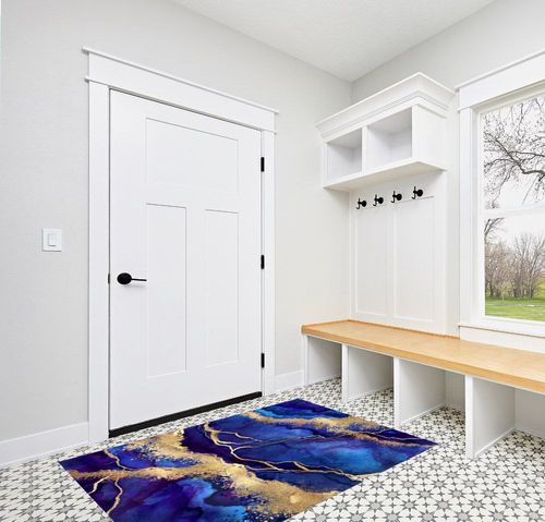 Modern Abstract Marble Swirl Royal Blue Gold Washable Area Rug for Livingroom Bedroom Aesthetic Carpet Under Dining Table Indoor Hallway Kitchen Office Rug 4x6 in White Modern Entryway