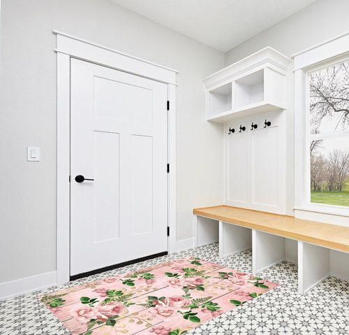 Modern Floral Realistic Indoor Outdoor Area Rug 4x6 Pink Green Flowers Rug for Balcony Deck Patio Backyard Non Slip Waterproof Stain Shedding Resistant Carpet Throw Mat in White Modern Entryway