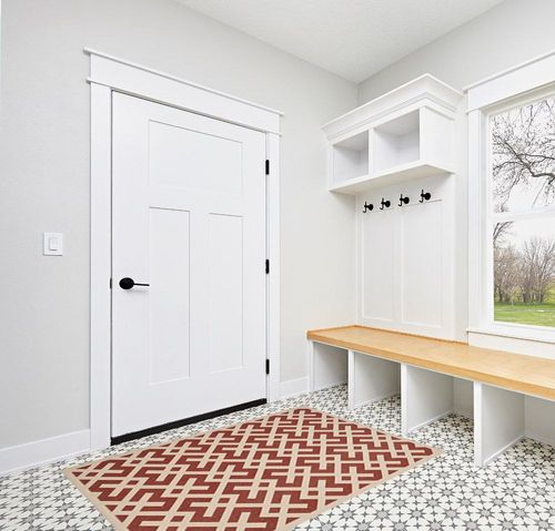 SAFAVIEH Courtyard Collection 4' x 5'7" Red/Bone CY6915 Indoor/ Outdoor Waterproof Easy-Cleaning Patio Backyard Mudroom Accent-Rug in White Modern Entryway