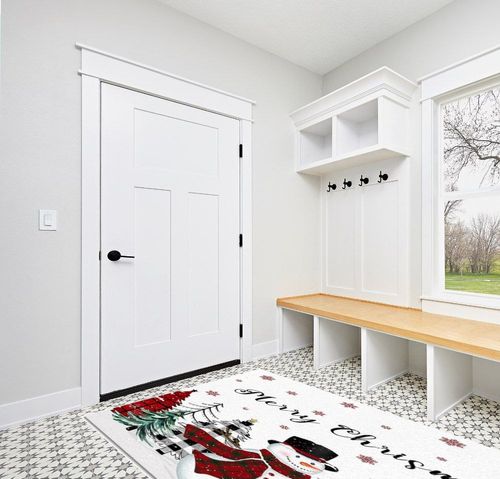 Christmas Snowman Area Rug for Living Room, Rectangular Indoor Carpet - 5' x 8', Winter Snowflake Xmas Tree Plaid Non-Skid Bathroom Mat Kitchen Runner Rugs for Bedroom in White Modern Entryway