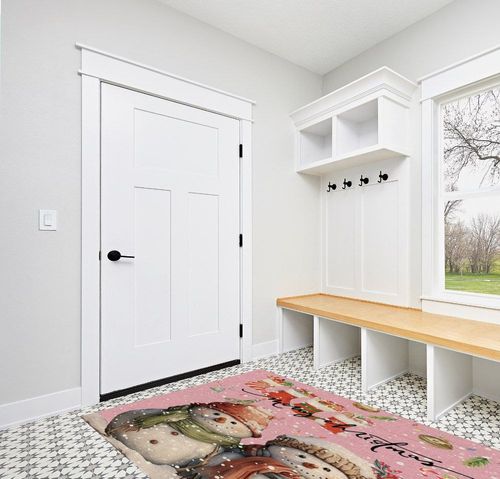 OComster Pink Christmas Rectangle Shape Large Area Rugs - 5 x 8 Feet Xmas Stocking Snowman Winter Snowflake - (Non-Woven + Rubber) Low File Floor Mat in White Modern Entryway