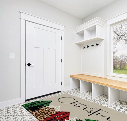 Merry Christmas Area Rug 5 x 8, Washable Bedroom Rug Non-Slip Kitchen Rugs Non Shedding Floor Cover Mat Runner Rug for Living Room Dining Room Outdoor Carpet Christmas Tree Brown Texture in White Modern Entryway