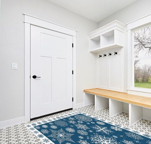 Christmas Area Rug 5 x 8, Washable Bedroom Rug Non-Slip Kitchen Rugs Non Shedding Floor Cover Mat Runner Rug for Living Room Dining Room Outdoor Carpet Seasonal Blue Snowflakes Winter Xmas in White Modern Entryway
