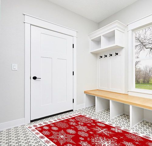 Christmas Area Rug 5 x 8, Washable Bedroom Rug Non-Slip Kitchen Rugs Non Shedding Floor Cover Mat Runner Rug for Living Room Dining Room Outdoor Carpet Seasonal Red Snowflakes Winter Xmas in White Modern Entryway