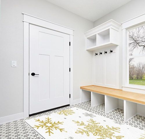 Christmas Area Rug 5 x 8, Washable Bedroom Rug Non-Slip Kitchen Rugs Non Shedding Floor Cover Mat Runner Rug for Living Room Dining Room Outdoor Carpet Romantic White Golden Snowflake in White Modern Entryway