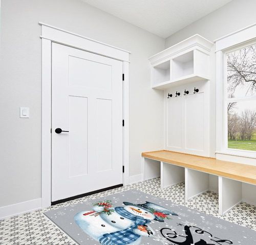 5' x 8' Area Rug, Christmas Non-Skid Rubber Backing Large Rectangle Rugs - Living Room Bedroom Home Office Xmas Snowman Bird Berry White Snowflake Grey Indoor Floor Mat Carpets in White Modern Entryway