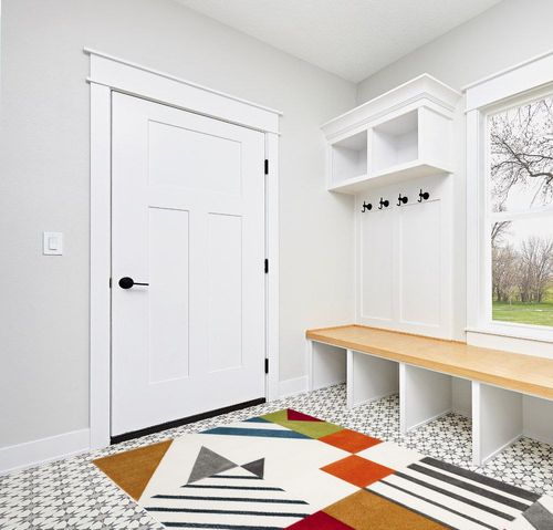 SAFAVIEH Hollywood Collection Area Rug - 5'3" x 7'6", Ivory & Peacock Blue, Mid-Century Modern Design, Non-Shedding & Easy Care, Ideal for High Traffic Areas in Living Room, Bedroom (HLW709B) in White Modern Entryway