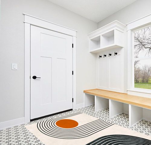 Mid-Century Modern Minimalist Circles and Lines Pattern Soft Wool Area Rug 6x9 Washable Boho Carpet for Living Room Bedroom No-Slip Thick Dining Room Rug Indoor Floorcover Mat in White Modern Entryway