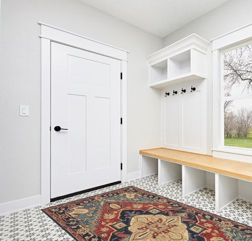 SAFAVIEH Heritage Collection Area Rug - 5' x 8', Red & Navy, Handmade Traditional Oriental Wool, Ideal for High Traffic Areas in Living Room, Bedroom (HG920Q) in White Modern Entryway