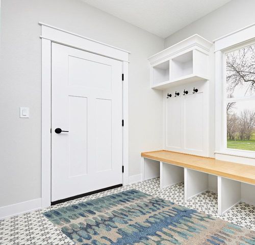 Dash and Albert Paint Chip Blue Hand Micro Hooked Wool Rug, 5 X 8 Feet, Blue/Green Geometric Pattern in White Modern Entryway