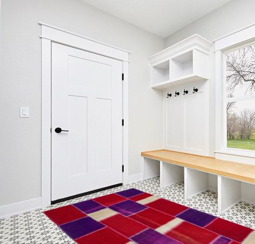 BESPOKY 5'3" x 7'7" (160x230 Cm) Teselya Pink Patchwork Wool Handmade Area Rug in White Modern Entryway