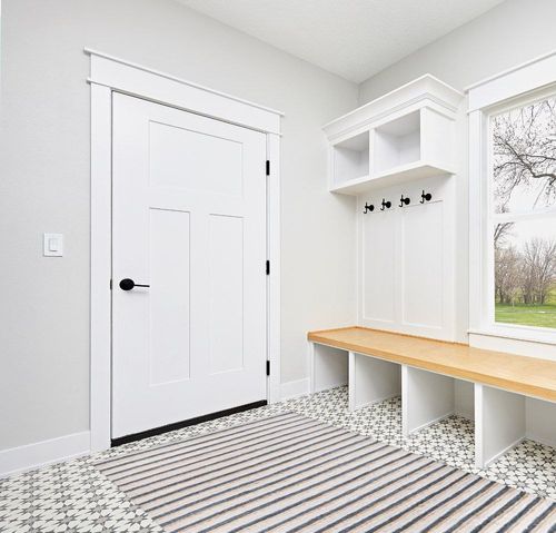 Benjara Azu 5 x 8 Handmade Medium Area Rug, Classic Stripes, Aqua, Ivory,White and Blue in White Modern Entryway