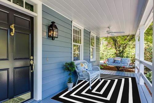 Lanffia Black and White Area Rug 6x9ft Contrasting Geometric Modern Stripe Symmetrical Indoor Outdoor Rug Machine Washable Extra Large Rugs Woven Cotton Floor Carpet for Living Room/Balcony/Backyard in Light Blue Patio