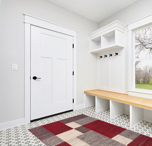 Modern Boxes Design Non-Slip (Non-Skid) Area Rug 5 X 7 (5' 3" X 7' 3") Red in White Modern Entryway