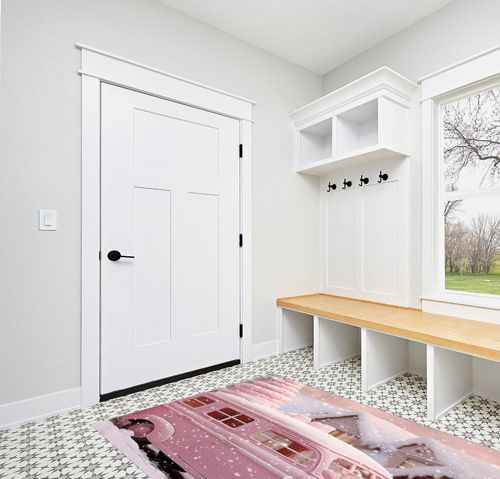 Pink Christmas Area Rug for Living Room, Rectangular Indoor Carpet - 5' x 7', Xmas Pink Truck Winter Snowflake Non-Skid Bathroom Mat Kitchen Runner Rugs for Bedroom in White Modern Entryway