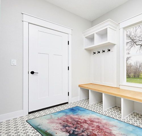 DNOVING Large Non-Slip Area Rug 5x7ft Washable Fluffy Rug, Cherry Blossom Tree Design, Rubber Backing, Pink and White Petals on Blue Sky in White Modern Entryway