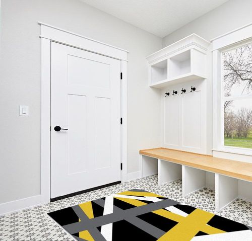 Large Area Rug, Yellow Black Grey Geometric Non-Slip Indoor Accent Area Carpet, Modern White Abstract Art Striped Fluffy Shaggy Runner Rug for Living Room, Bedroom, Kids Room, 5'x 7' in White Modern Entryway