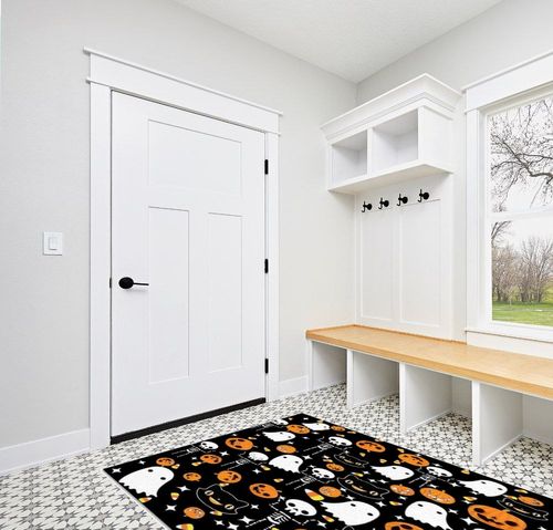 Large Area Rug, Halloween Non-Slip Indoor Accent Area Carpet, Orange Pumpkin White Ghost Skeleton Black Fluffy Shaggy Runner Rug for Living Room, Bedroom, Kids Room, 5'x 7' in White Modern Entryway
