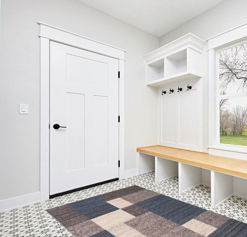 Rugshop Contemporary Blue Boxes Design Non-Slip Area Rug 5' x 7' - Trendy Geometric Pattern in White Modern Entryway