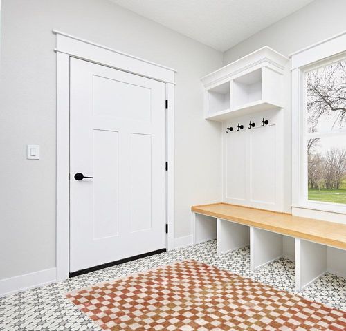 Hauteloom Pertek Checkered Tile Living Room Bedroom Dining Room Area Rug - Bohemian Boho Carpet - Square Tile Farmhouse - Faded Distressed - Cream, Beige, Light Red, Somon - 5'3" x 7' in White Modern Entryway