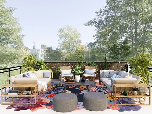 Restoration and Renovation Handmade Flower Multicoloured Irregular Area Rug 100% Imported Blended Wool Floral Area Rug (Navy, 9x6 ft) in Scandinavian Modern Patio