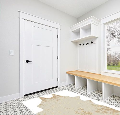 Signature Design by Ashley Jaxith Farmhouse 5 x 7 Medium Pile Cowhide Rug, Ivory & Tan in White Modern Entryway