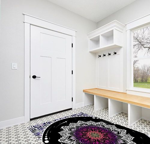 Boho Mandala Area Rug, 5x7ft, Anti-Slip Carpet with Mandala Design Covering The Whole Screen Indoor Outdoor Bohemian Collection Rugs for Bedroom Living Room Office, Multicolor White Black Purple in White Modern Entryway