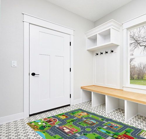 LTKOUGFAM Kids Carpet Playmat, Rug for Playroom, Mat, Kids Play Rugs Town City Road Map Rug, Extra Large Boys, Track Play Rug Bedroom, Living Room, 78.7X 59 Inch in White Modern Entryway