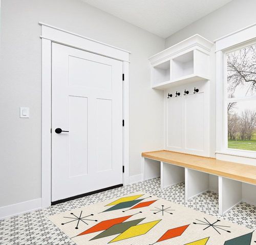 ARTSHOWING Europen Modern Mid Century Large Area Rug 5' x 7', Durable Indoor Outdoor Rugs with Non-Slip Backing for Bedroom Living Room Nursery Kids Home Decor, Orange Yellow Green Prismatic in White Modern Entryway