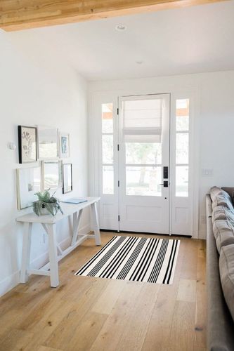 White Striped Farmhouse Washable Porch Area Rug in White Scandinavian Entryway
