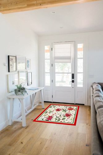 Area Rug, Poinsettia Flower Christmas Rug, 2x3 Feet Rugs for Living Room Bedroom Kids Room Kids Room Nursery Classroom, Non-Slip Comrft Carpet Washable Rug in White Scandinavian Entryway