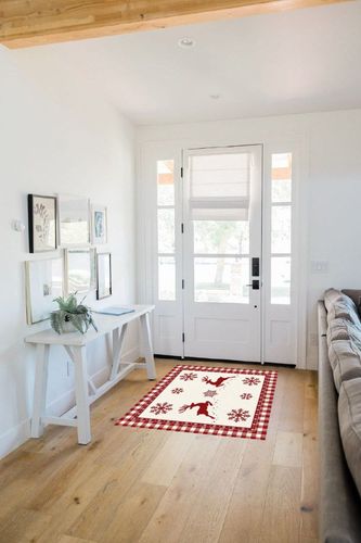 Area Rug, Winter Snowflake Elk Reindeer Red Buffalo Plaid Merry Christmas Rug, 2x3 Feet Rugs for Living Room Bedroom Kids Room Kids Room Nursery Classroom, Non-Slip Comrft Carpet Washable Rug in White Scandinavian Entryway