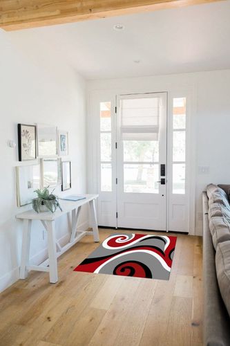 Fluffy Area Rugs for Living Room,36x60in Non-Slip Accent Rug Ultra Soft Carpet Abstract Red White Black Swirl Washable Indoor Floor Mats for Bedroom Nursery Decor Modern Geometric Stripe on Gray in White Scandinavian Entryway