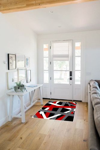 Large Area Rug, Red Black Grey Geometric Non-Slip Indoor Accent Area Carpet, Modern White Abstract Art Striped Fluffy Shaggy Runner Rug for Living Room, Bedroom, Kids Room, 2'7"x 5" in White Scandinavian Entryway