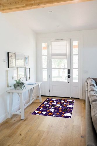 Large Area Rug, Halloween Non-Slip Indoor Accent Area Carpet, Orange Pumpkin White Ghost Skeleton Purple Fluffy Shaggy Runner Rug for Living Room, Bedroom, Kids Room, 2'7"x 5" in White Scandinavian Entryway