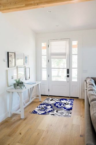 Large Area Rug, Spring Floral Non-Slip Indoor Accent Area Carpet, Navy Blue Summer Flower Farmhouse White Grey Fluffy Shaggy Runner Rug for Living Room, Bedroom, Kids Room, 2'7"x 5" in White Scandinavian Entryway
