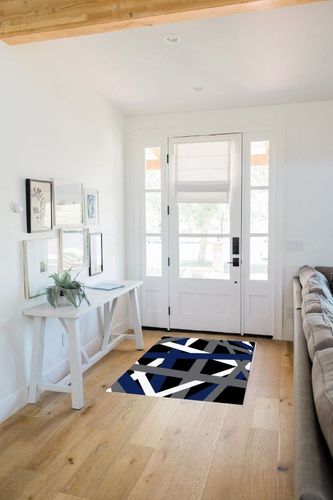 Large Area Rug, Blue Black Grey Geometric Non-Slip Indoor Accent Area Carpet, Modern White Abstract Art Striped Fluffy Shaggy Runner Rug for Living Room, Bedroom, Kids Room, 2'7"x 5" in White Scandinavian Entryway
