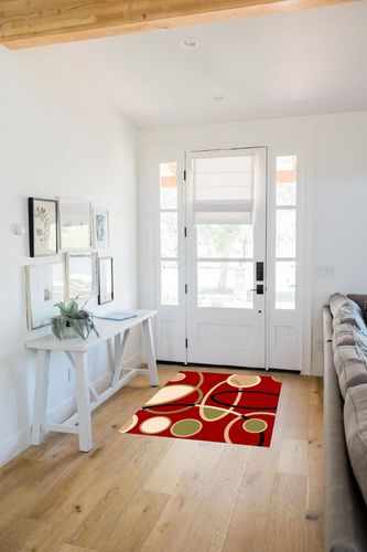 Red Beige Geometric Indoor Outdoor Area Rug, Large Area Rugs for Living Room Bedroom, Modern Round Geometry Abstract Art Non Slip Bathroom Rugs Washable Throw Carpet Floor Mats Runner 3'x5' in White Scandinavian Entryway