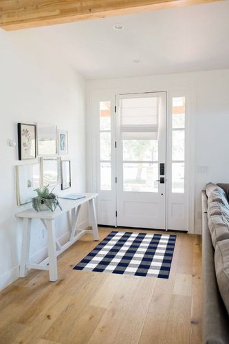 SEEKSEE Cotton Buffalo Plaid Rug 3'x 5' Navy Blue and White Hand Woven Checked Rug Washable Doormats Indoor Outdoor Rugs for Layered Front Door Mats, Porch, Kitchen, Farmhouse, Entryway in White Scandinavian Entryway