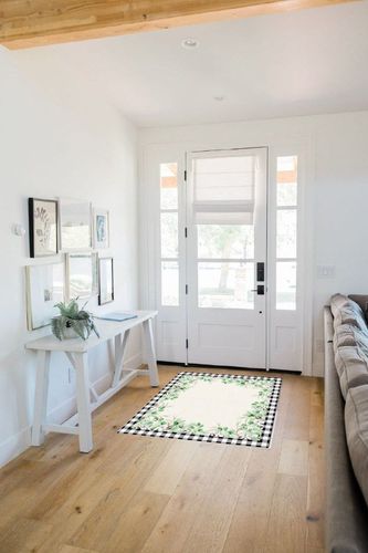 Eucalyptus Leaves Area Rug, 2'7'' x 5' Indoor Outdoor Area Rugs with No-Slip Backing, Easy to Clean, Perfect for Living Room/Bedroom/Patio/Picnic/Decking, Green Plant with Black White Buffalo Plaid in White Scandinavian Entryway