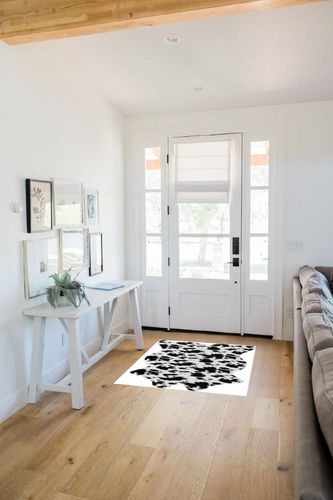 Aoczes Cute Cow Print Rug Black and White Small Faux Cowhide Rug Animal Print Cow Rug for Table Bedroom Living Room Western Home Decor Mat, 3.6x2.46 Feet(75x110cm) in White Scandinavian Entryway