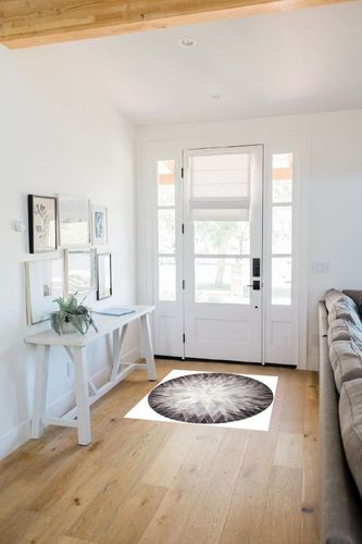 AG Creation Handmade Rug Cowhide Leather Round Rug | Patchwork Cowhide Round Rug Hair on Leather Cowhide Grey & White Carpet Cowhide Furniture (2X2 feet) in White Scandinavian Entryway