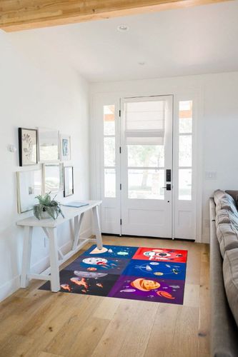 Prosumer's Choice Kids Space Themed Black Wool Rug - Non-Slip, Soft, and Durable | Perfect for Bedrooms, Playrooms, Nurseries | Solar System and Rocket Ship Design - 62.9'' x 47.2'' in White Scandinavian Entryway