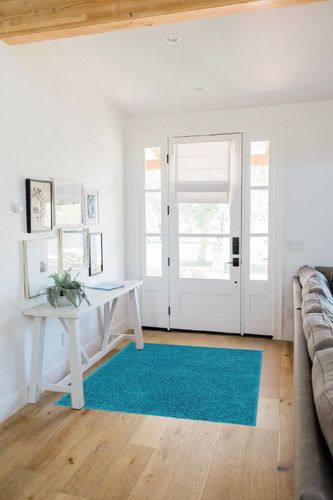 Well Woven Elle Basics | Emerson Shag Teal Blue | Textured Area Rug (3'11" x 5'3") in White Scandinavian Entryway