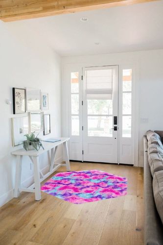 junovo Ultra Soft Hexagon Rug Fluffy Rainbow Nursery Rug for Princess Tent Kids Play Castle, Furry Hexagonal Carpet for Kids Girls Room Playhouse Classroom Dorm Home Decor, 4.6ft Tie-Dye Hot-Pink in White Scandinavian Entryway