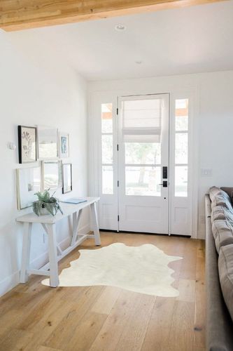 Luxe Faux Cowhide Rug for Rustic and Western Decor | Low Pile Faux Fur Rug with Off White Cow Print | Cruelty-Free Fade Resistant Living Room Rugs | 4-1/4 x 5 ft in White Scandinavian Entryway