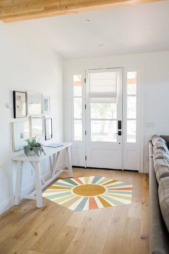 STARUIA Hexagon Sun Boho Rug for Entryway,4'x 4'7"Washable Colorful Nursery Rug for Kids Room,Ultra Soft Non-Slip Carpet Indoor Play Mat for Classroom Living Room in White Scandinavian Entryway