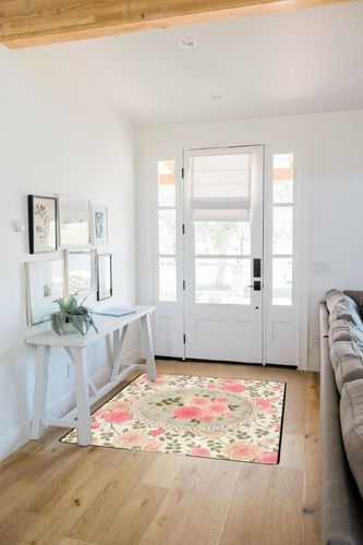 Soft Area Rug Non Slip Washable for Indoor,Vintage Floral Shabby Chic Roses Lace Frame Pink Flowers Bouquets with Green Leaves,Large Floor Carpets Doormat Covering Living Room Bedroom 5 x 7Ft in White Scandinavian Entryway