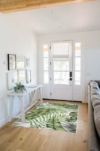 Zacoo Washable Rug for Living Room 4x6 Rug Green Rug Non Slip Leaf Rug Stain Resistant Tropical Palm Tree Emerald Natural Rug Botanical Cute Rugs for Bedroom Nursery Dining Room 4'x6' in White Scandinavian Entryway